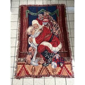 Santa Hugging Young Boy Christmas Woven Tapestry Blanket